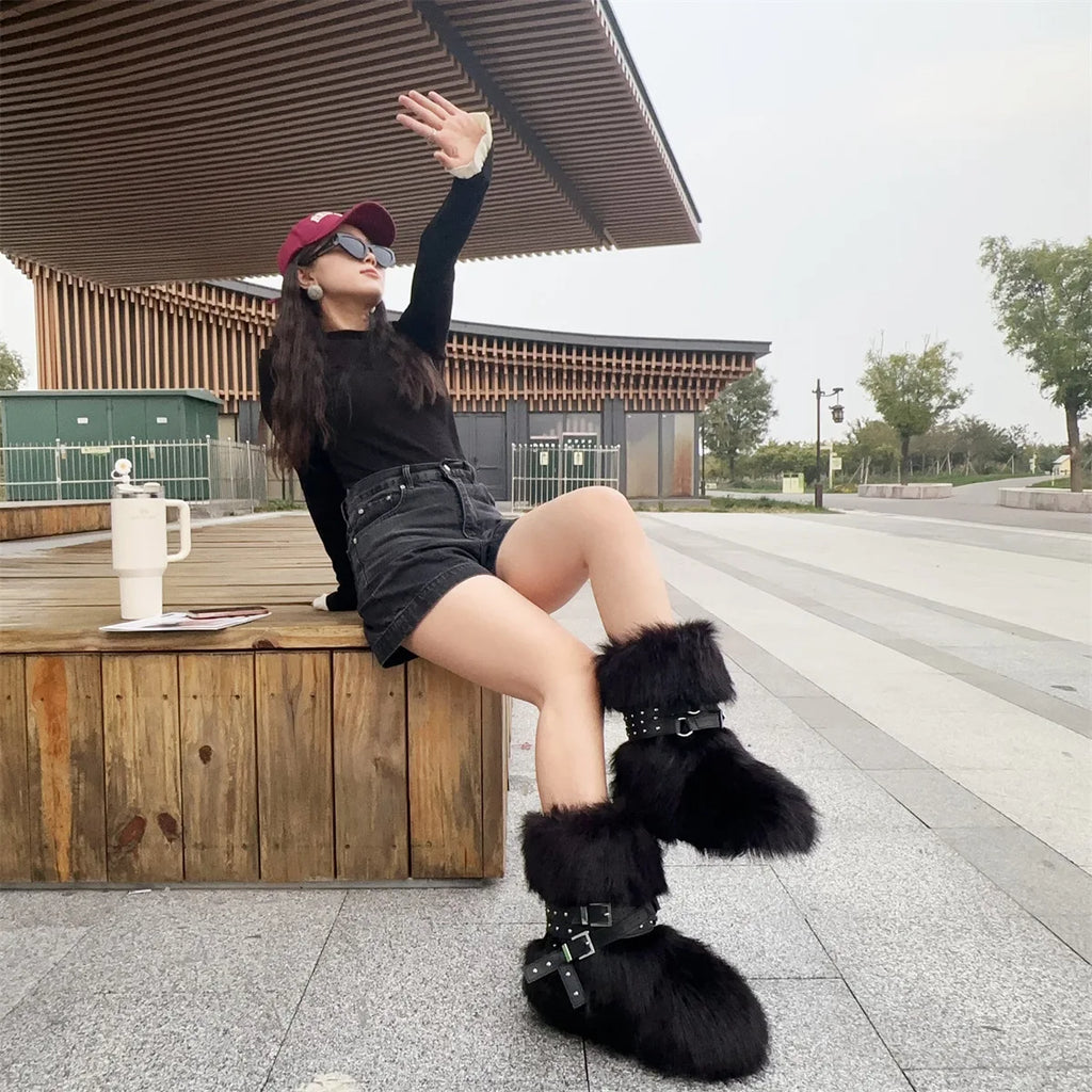 Winter Fur New Design Onepiece Raccoon FurFemale Snow Boots Fur shoes OutdoorMid Leg Boots y2k Cool Pink Girl