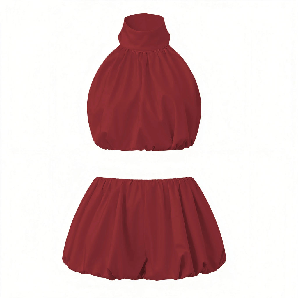 Two Pieces Set for Women Solid Color/Dot Sleeveless Backless Halter Neck Crop Tops with Mini Skirt Summer Suits