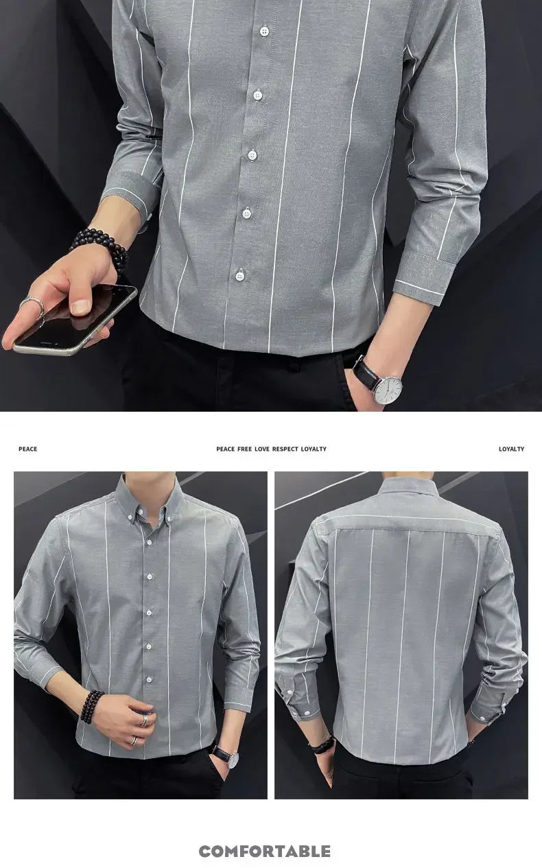 Stylish Men's Striped Shirt Printed Casual Business Dress Shirts Long Sleeve All-Match Slim Fit Fashion Korean Streetwear Shirts