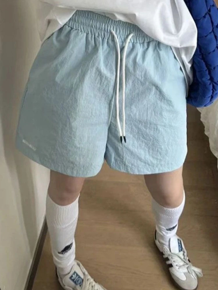HOUZHOU Harajuku Blue Shorts for Women Korean Style Baggy Sport Short Pants Casual Fashion High Waist Retro Wide Leg Shorts
