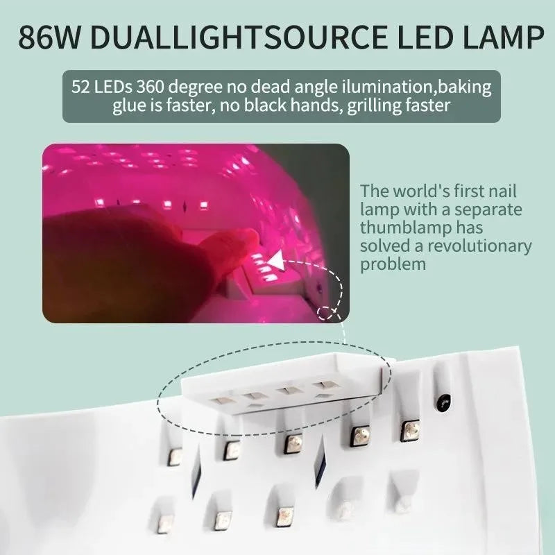 86W Lamp for Manicure Rechargeable Cordless Sun UV LED Lamp Nail Dryer For Curing All Gels 52 LEDs Light with LCD Timer Sensor