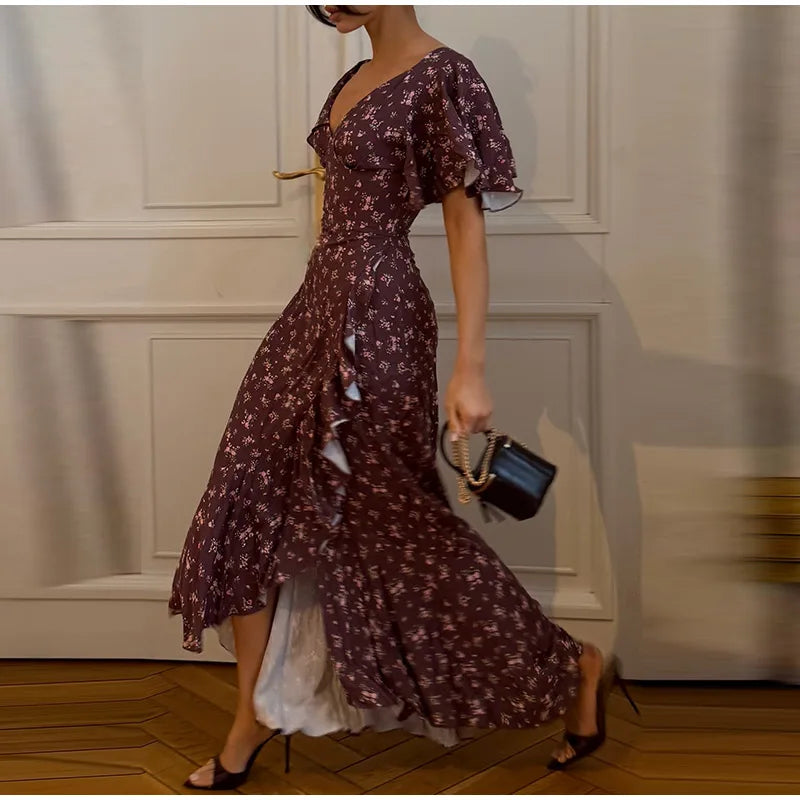 Elegant Women's Printed Lotus Leaf Long Dress Slim High Waist V-neck Short Flared Sleeve Backless Slit Dresses 2026 Summer Robe