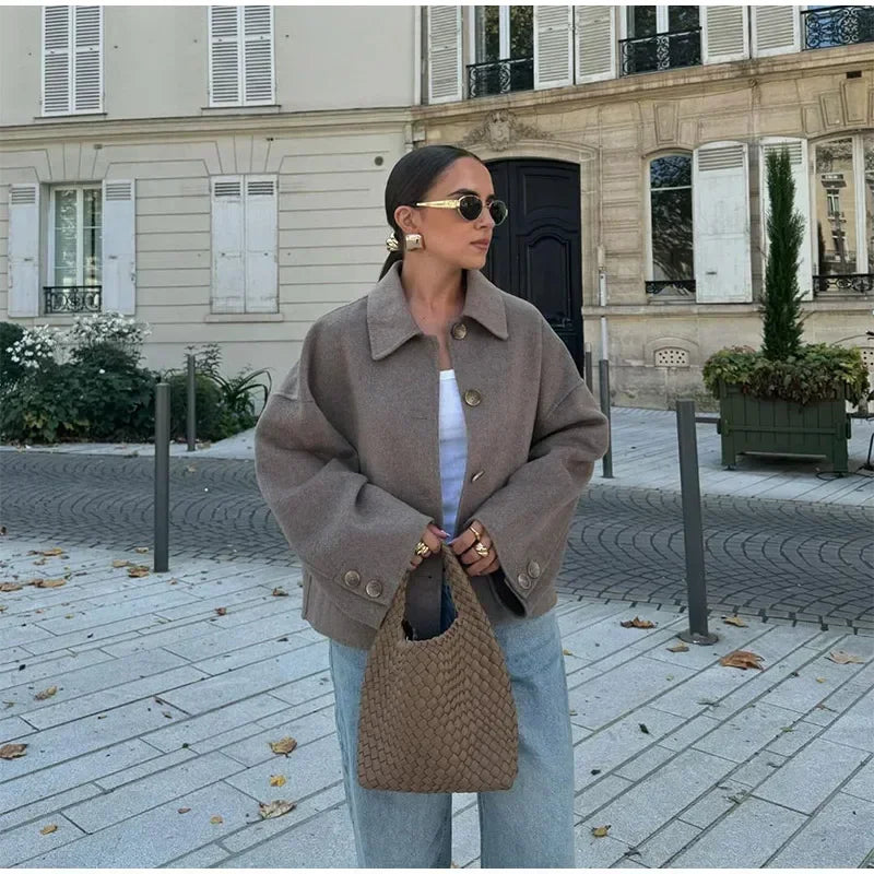 Solid Lapel Full Sleeve Coat  Elegant Single Breasted Pockets Short Loose Outwear For Women 2026 New Casual High Street Overcoat