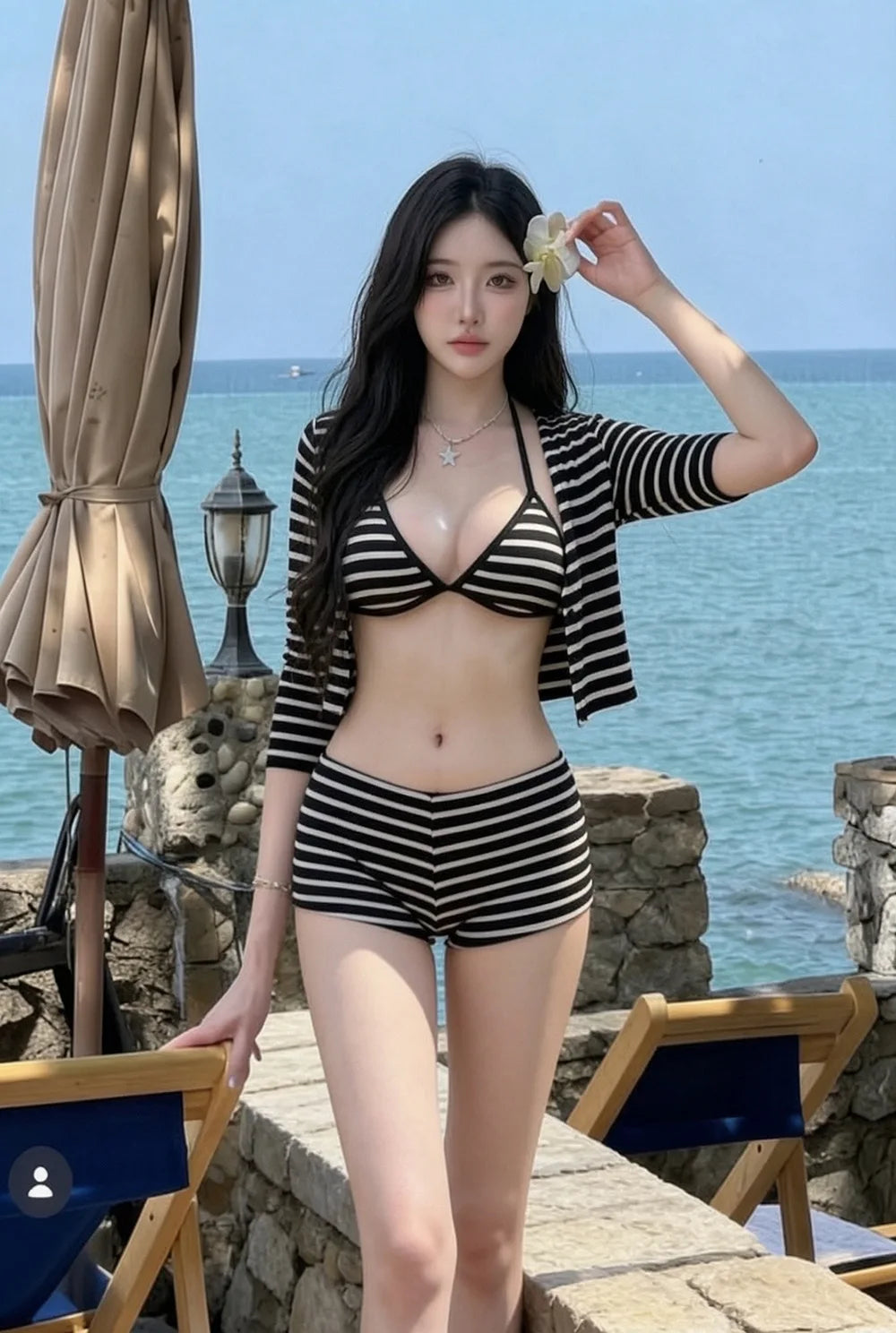 Women V Neck Striped Three Piece Split Bikini Tummy Control Conservative Shorts Swimsuit Sexy Beach Vacation Spa Summer Suit