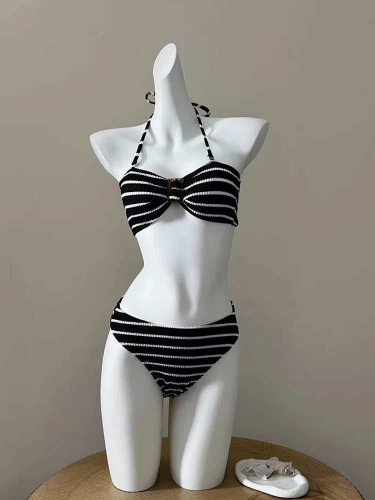 Vintage Sexy Black Striped Bikini Set Women American Retro Hottie Fashion Halter Neck Swimwear Harajuku Chic Sweet Swinsuit 2026