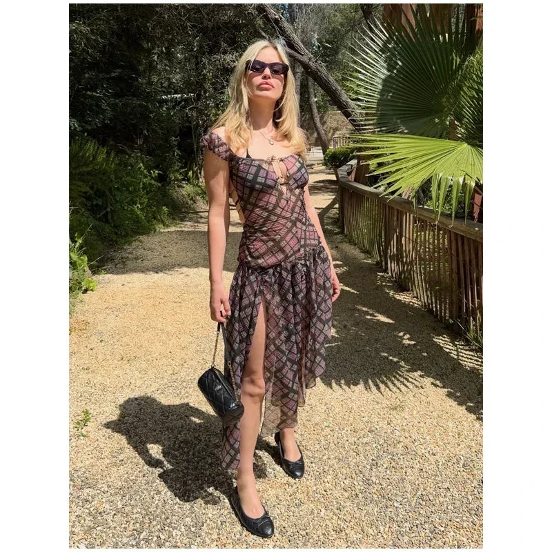 Plaid Off Shoulder Long Dress Women Chic Tie Front Cutout Ruched Asymmetric Hem Sundress 2026 Summer Lady Casual Daily Vestidos