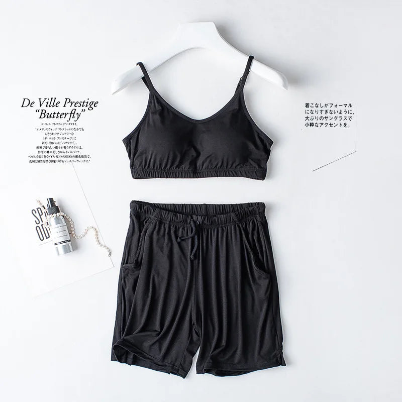 Spring/Summer Ladies Pajamas Sling + Shorts Modal With Chest Pad Solid Color Homewear Set Pajamas Sleepwear Lingerie