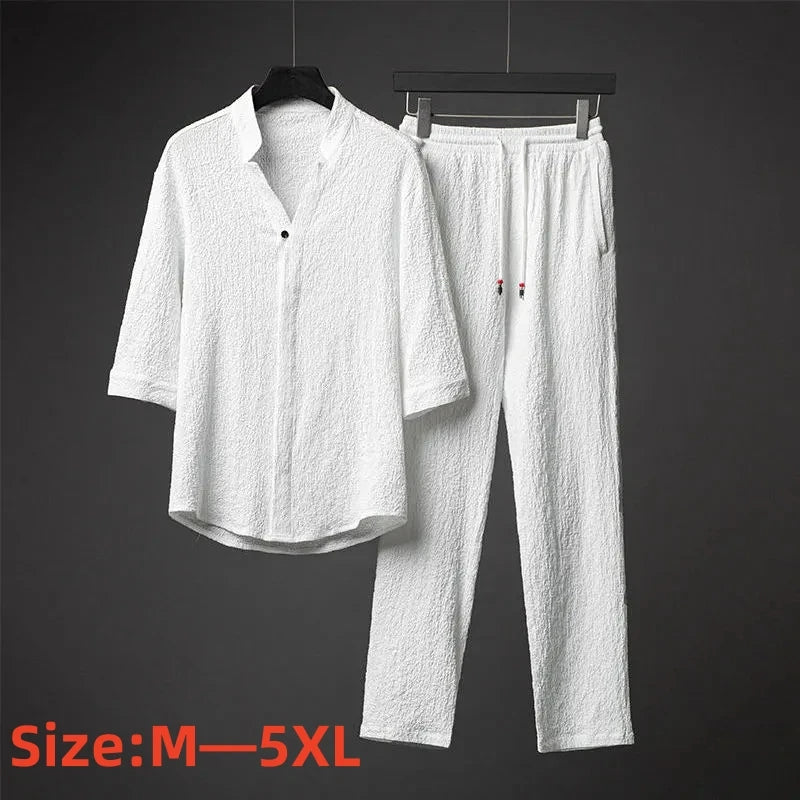2026 Men's Two Piece Pant Sets Spring Summer Short Sleeve Shirt And Pants Outfits For Men Solid Cotton Linen Clothing Sets Male