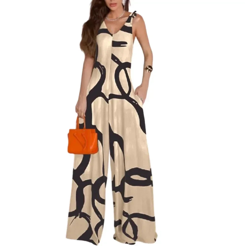 Summer European-style Printed V-neck Tie Jumpsuit, Pocket Vest, Wide-leg Jumpsuit