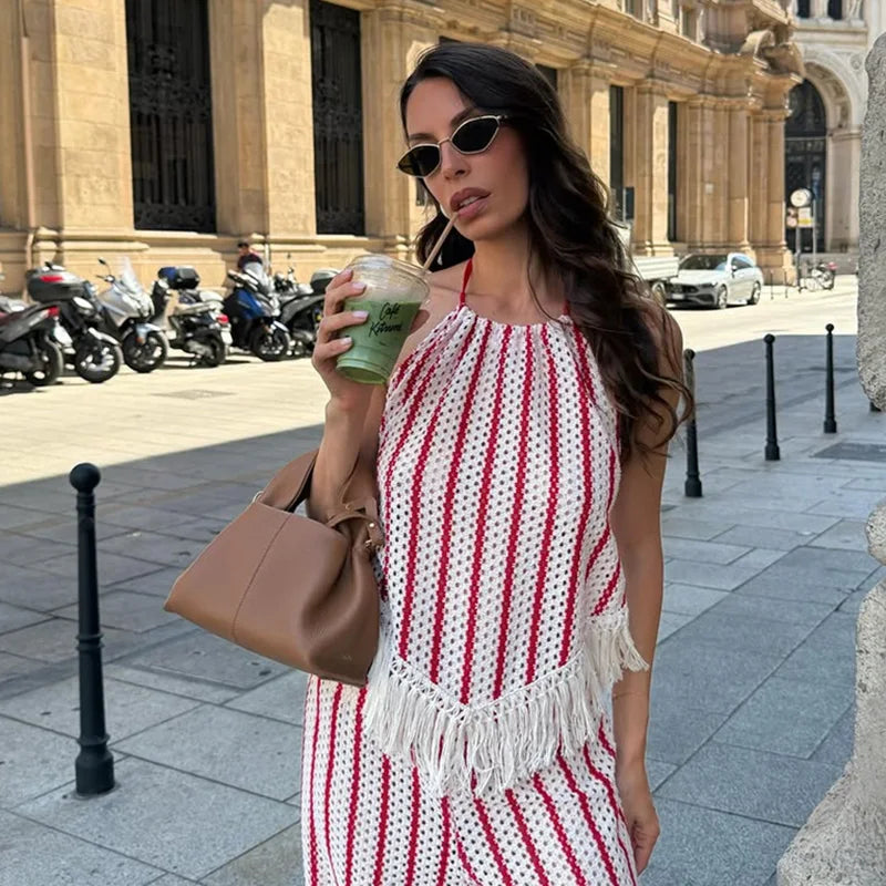 Halter Vertical Striped Fringe Two Piece Set Sleeveless Tank Top Loose Wide Leg Pants Women 2026 Summer Holiday Beach Chic Suit