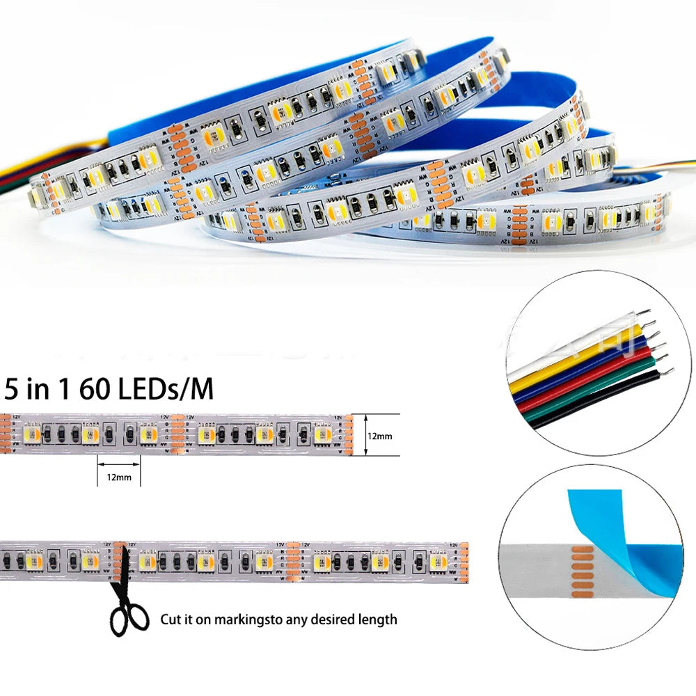 5in1 RGB CCT Led Strip Light 5m 10m 050 SMD 5 in 1 RGBW RGB+CCT CW+RGB+WW Super Bright Flexible LED Tape Lights 6pin 24V