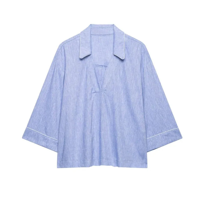 Women's High-Waist Pants Set Two Piece New 2026 Summer V-Neck Blouse with Piping and Straight Leg Pants Chic Female Outfit
