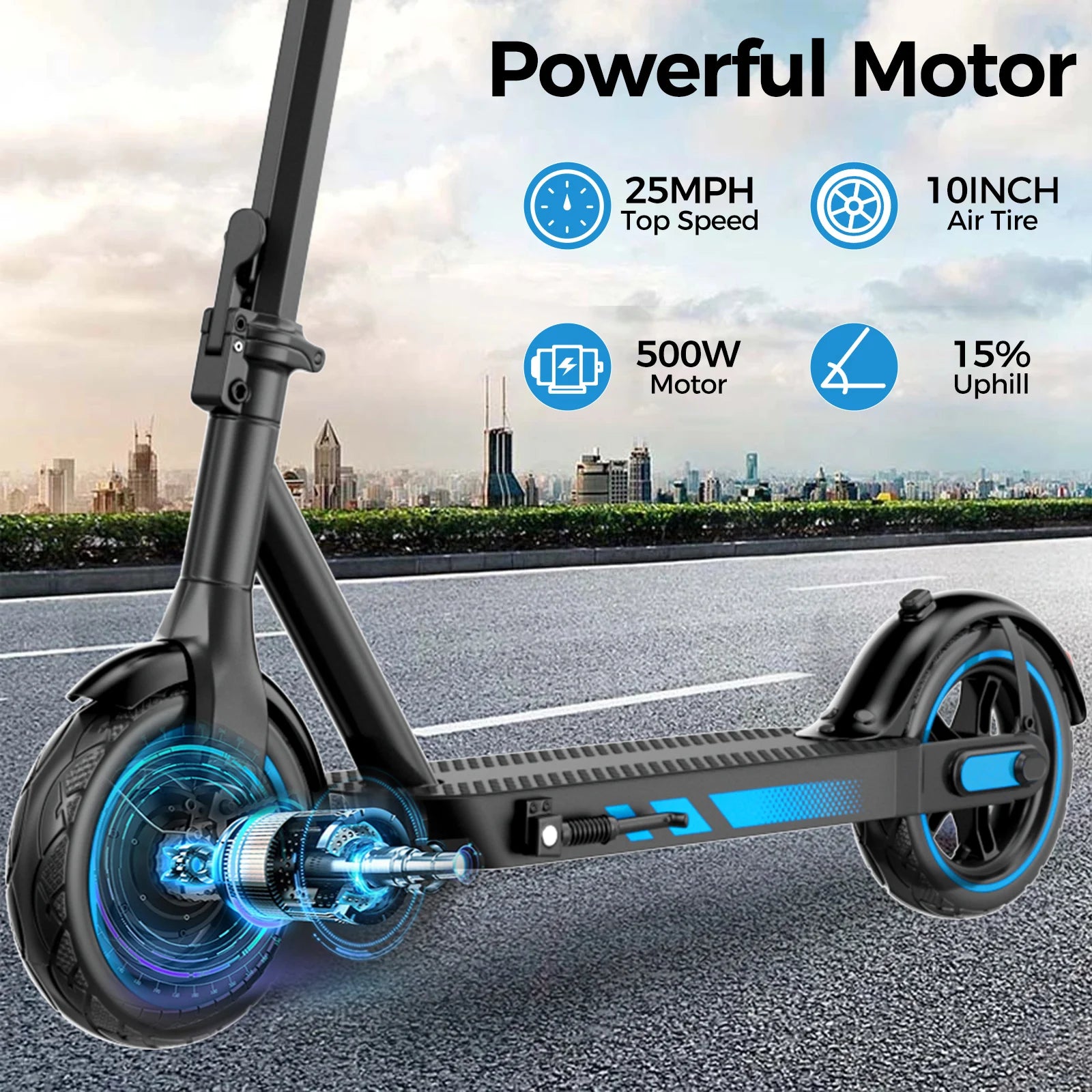 HiQiS V10 E-scooter 500W Motor 36V 10.5Ah 25 MPH Speed 22 Mile Range Foldable E-scooter 10 Inch Air Tire Electric Scooter