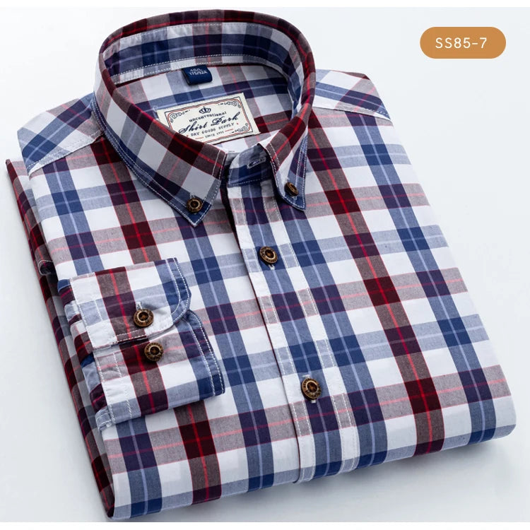Men's 100% Cotton Plaid Long Sleeve Casual Shirt, Spring Autumn Lightweight & Breathable Slightly Slim Fit Button Down Shirts