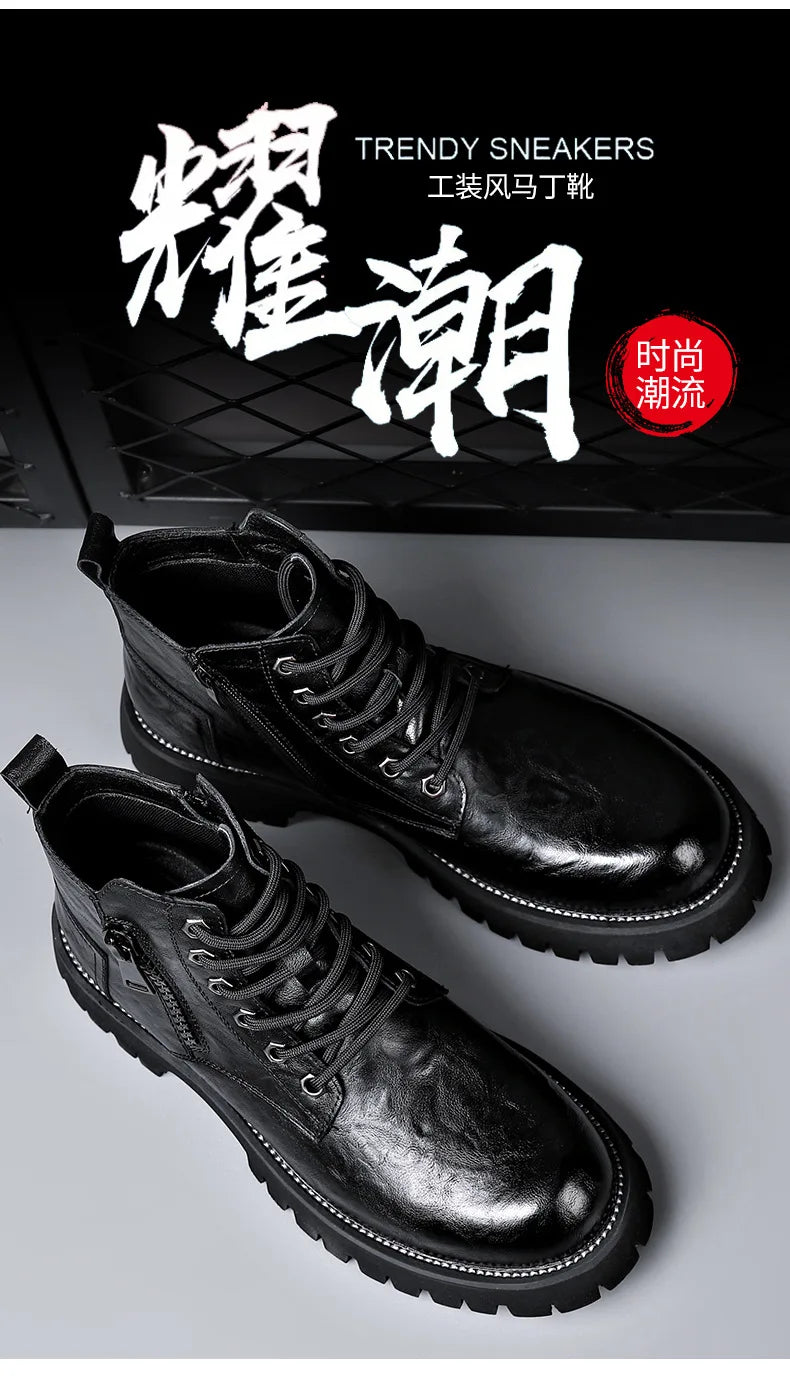 2025 autumn and winter boots men's British style versatile high top leather shoes workwear snow leather boots men's short boots