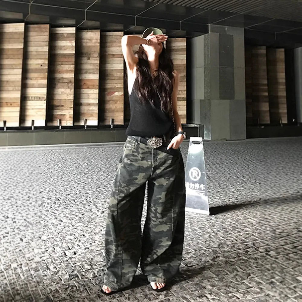 YJKDYK High Waist Camouflage Workwear Jeans Women's Autumn Spring American Retro Wide Leg Floor-Length Pants Trendy High Street
