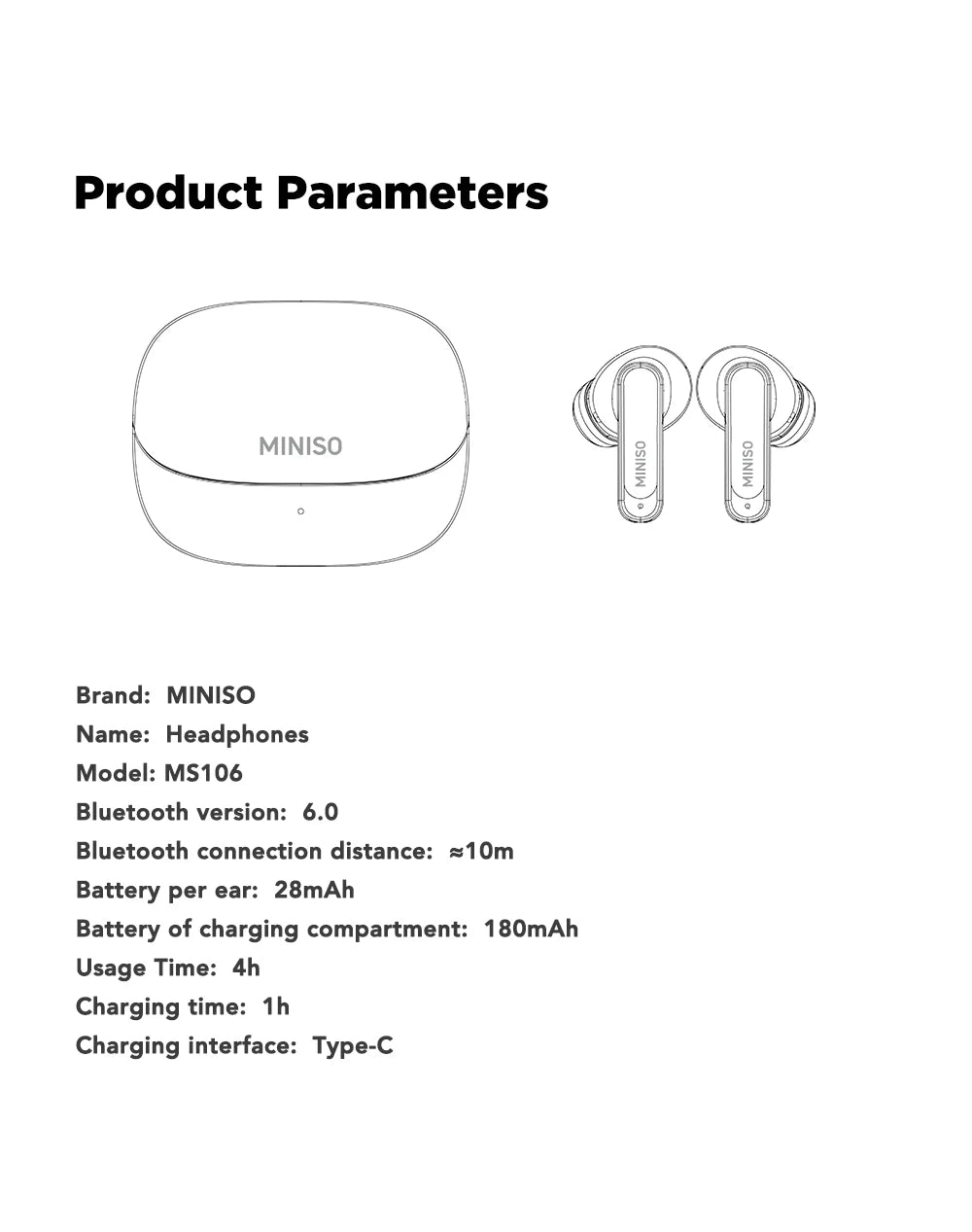 MINISO MS106 Bluetooth V6.0 Earphones TWS In-Ear Wireless Headphones AI Translator Earbuds Comfortable Ultra-light Earbuds