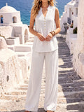 Women's 100% Cotton Casual Two-Piece Set: Sleeveless Tank Top & Wide-Leg Pants – Lightweight, Minimalist, and Stylish