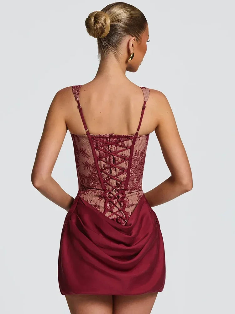 Satin Lace Corset Patchwork Mini Dress Women Square Neck Wide Strap Ruched Bodycon Short Dresses Sexy Club Party Cocktail Robes