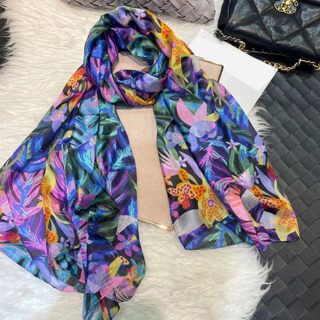 100% Mulberry Silk Scarf Shawl Brand Plum Bossom Design Blue Green Summer Beach Silk Shawls Scarfs Fall Winter Neck Head Scarf