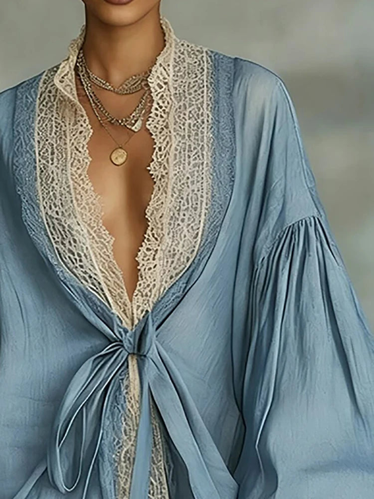 Women's Vintage Blue Bohemian Lace Trim Mini Dress with Puff Sleeves V-Neck Tie Waist And Asymmetrical Hem Tunic Dress