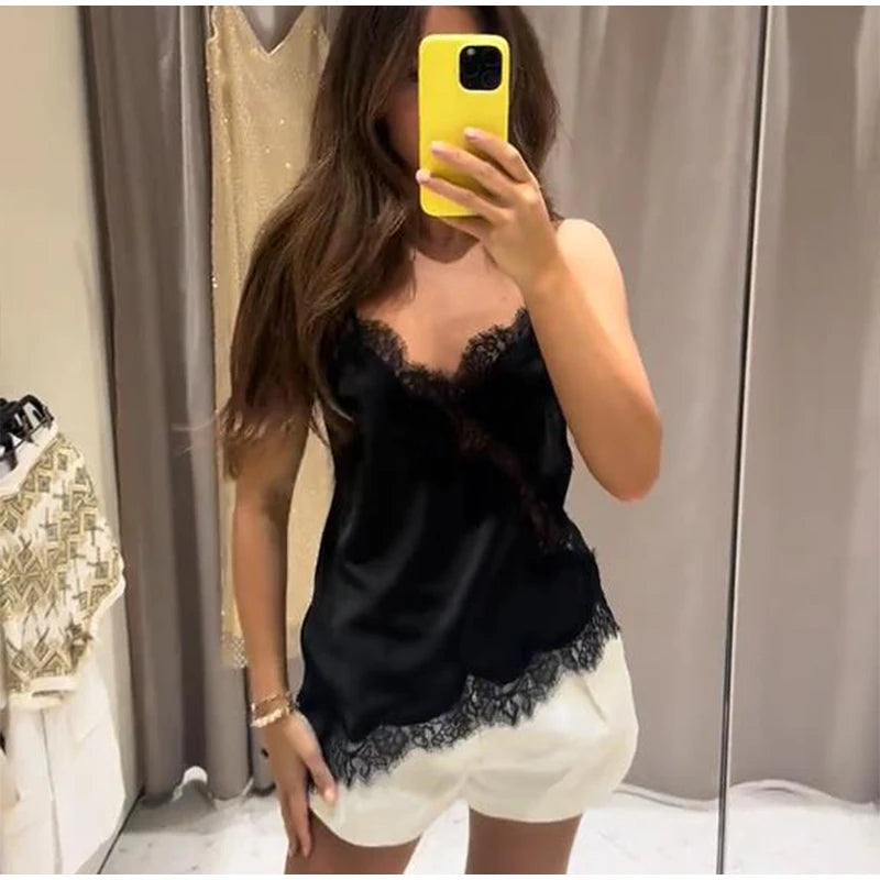 Contrast Black Trim Satin Cami Maxi Dress Deep V Neck Loose Flowy Ruffle Hem Lady Long Gown 2026 Summer Formal Vacation Dresses