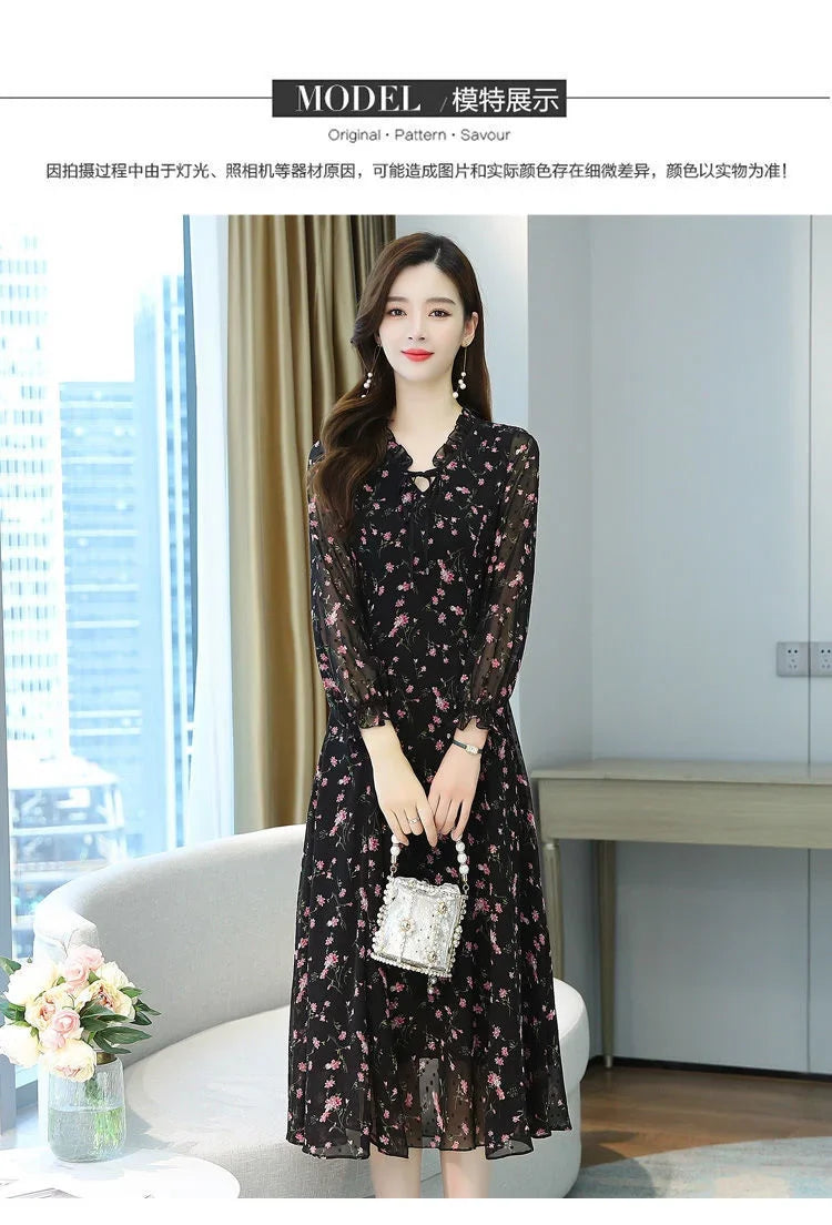 Woman Dress Summer Autumn New Long Sleeve Small Floral Chiffon Dress Dress Vestido De Mujer