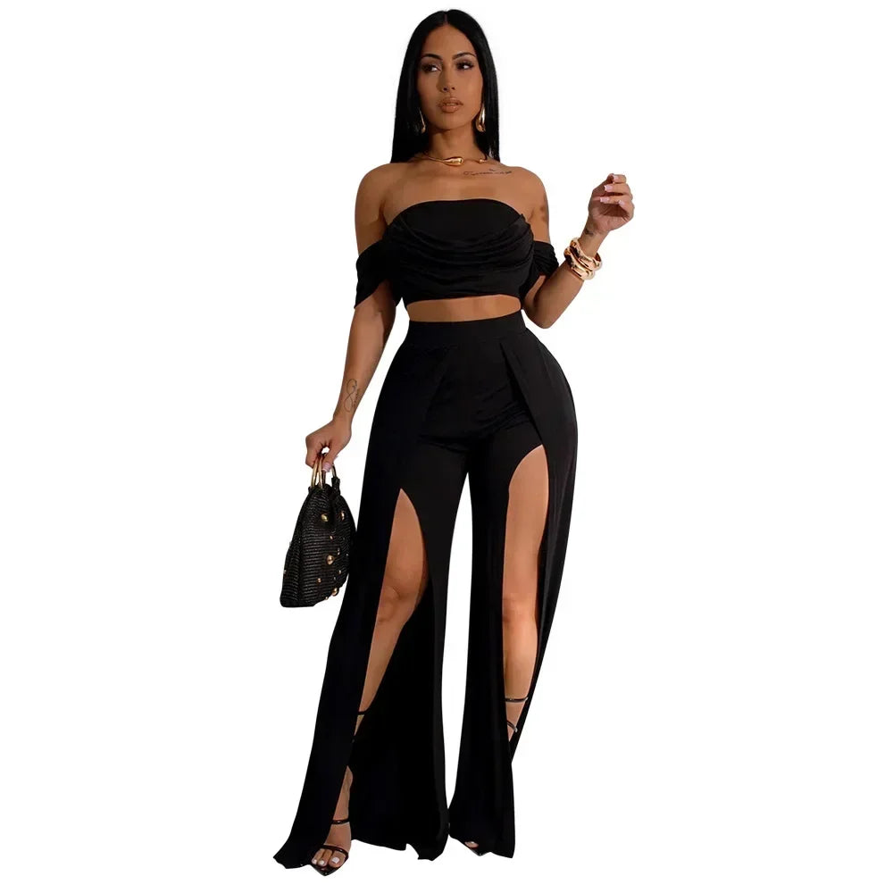 Women's Set Short Sleeve Slash Neck Ruched Tops and Wide Leg split Pants 2025 Street Two 2 Piece Sets Outfit Tracksuits