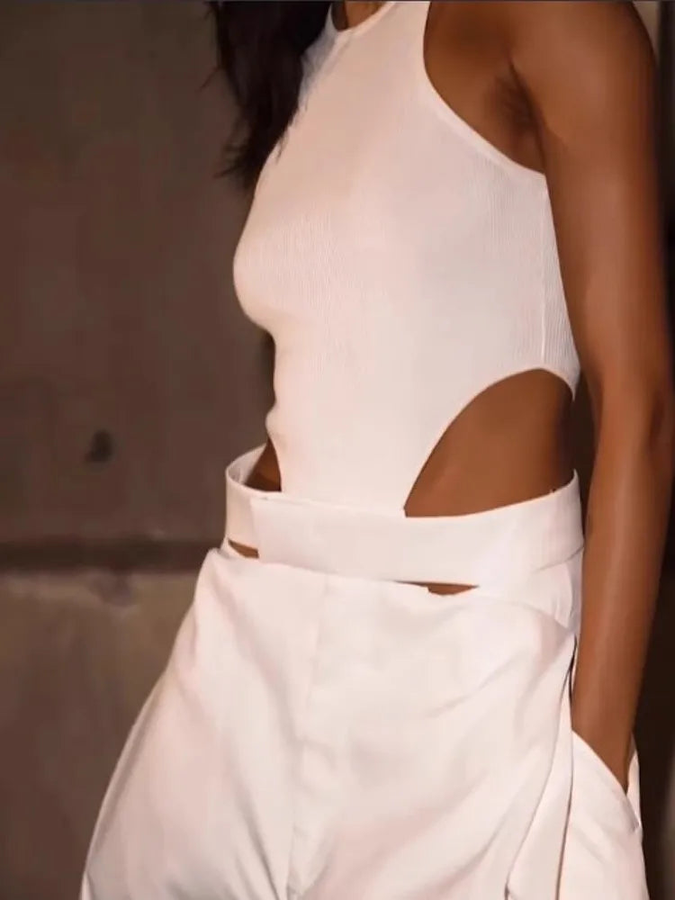 Fashion White Jumpsuit For Women Sexy Sleeveless O Neck Hollow Out High Waist Wide Leg Long Pants Jumpsuits Lady Summer New 2025