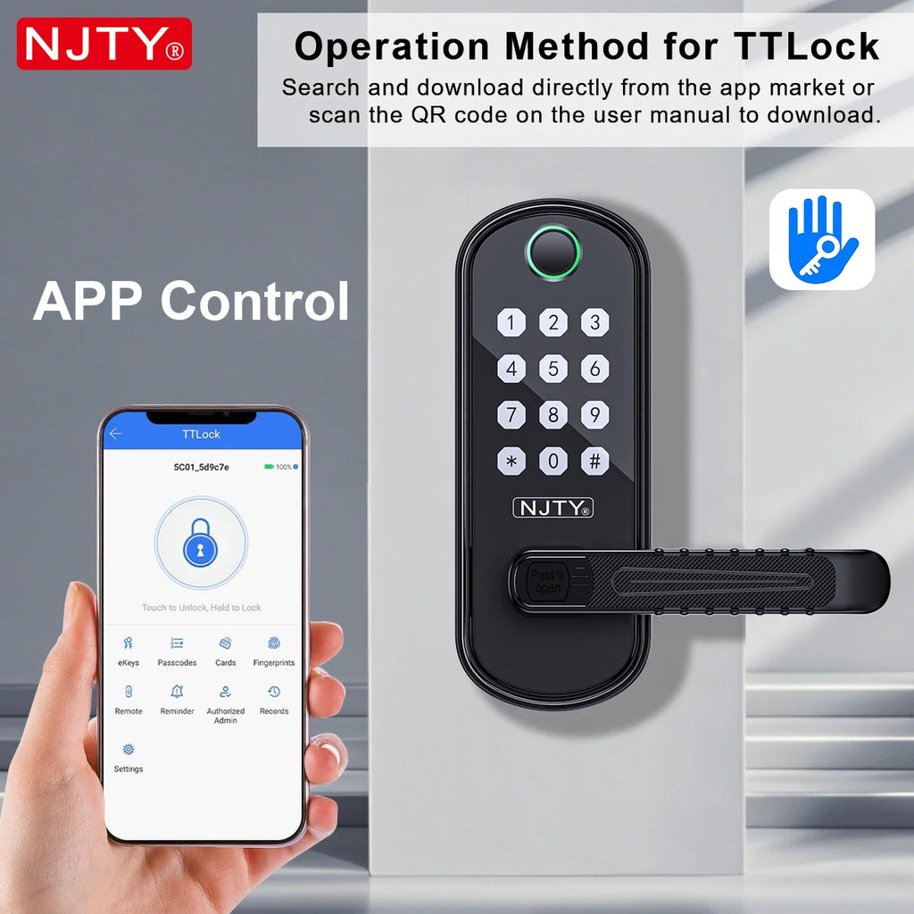 NJTY Fingerprint Door Lock Unlock by Fingerprint/Card/App/Password/NFC/Key Anti-Theft Electronic Door Lock for Bedroom/Outside