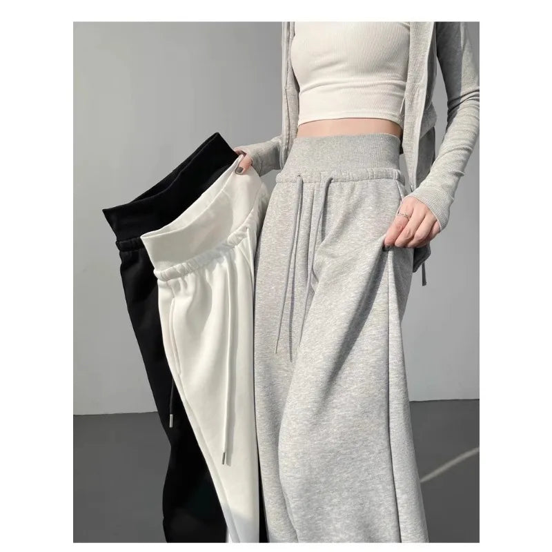 Women High Waist Drawstring Wide Leg Sweatpants Casual Loose Solid Color Straight Trousers Soft Sports Jogger Pants Streetwear