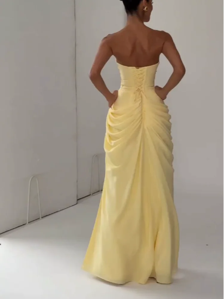 Women Sexy Solid Pleated Strapless Dress Lady Chic Off-shoulder Backless High Waist Split Dresses 2026 Summer Evening Party Gown