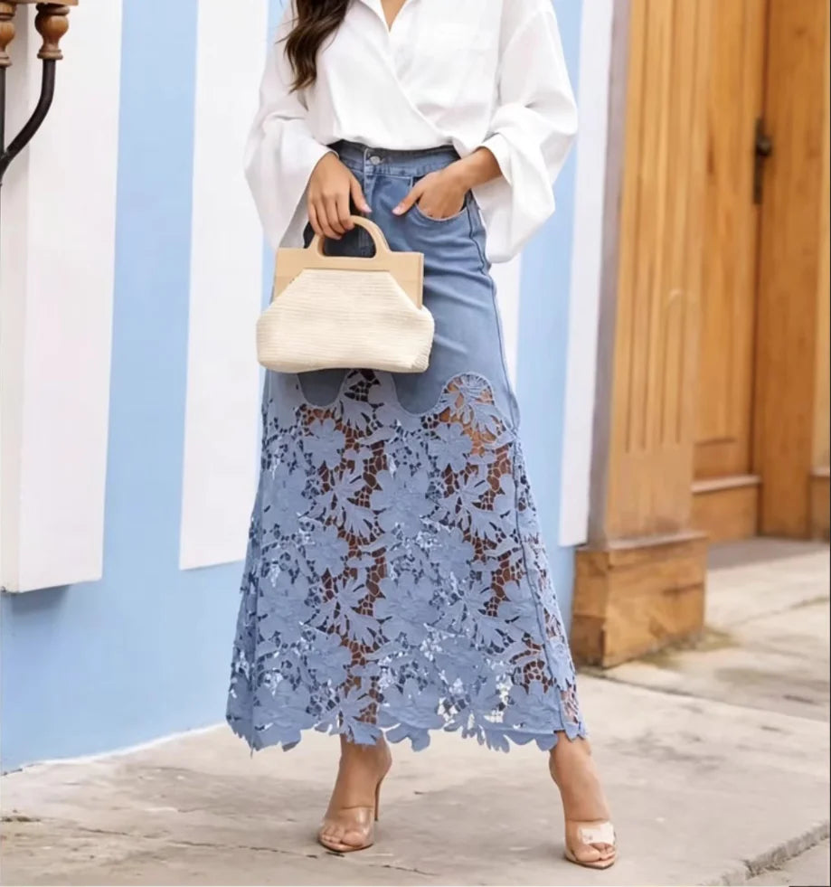 New  Fashion Lace Denim Skirts Patchwork Ladies 2026 Summer Street Pocket Women Casual Loose High Waist Jeans Skirt L274