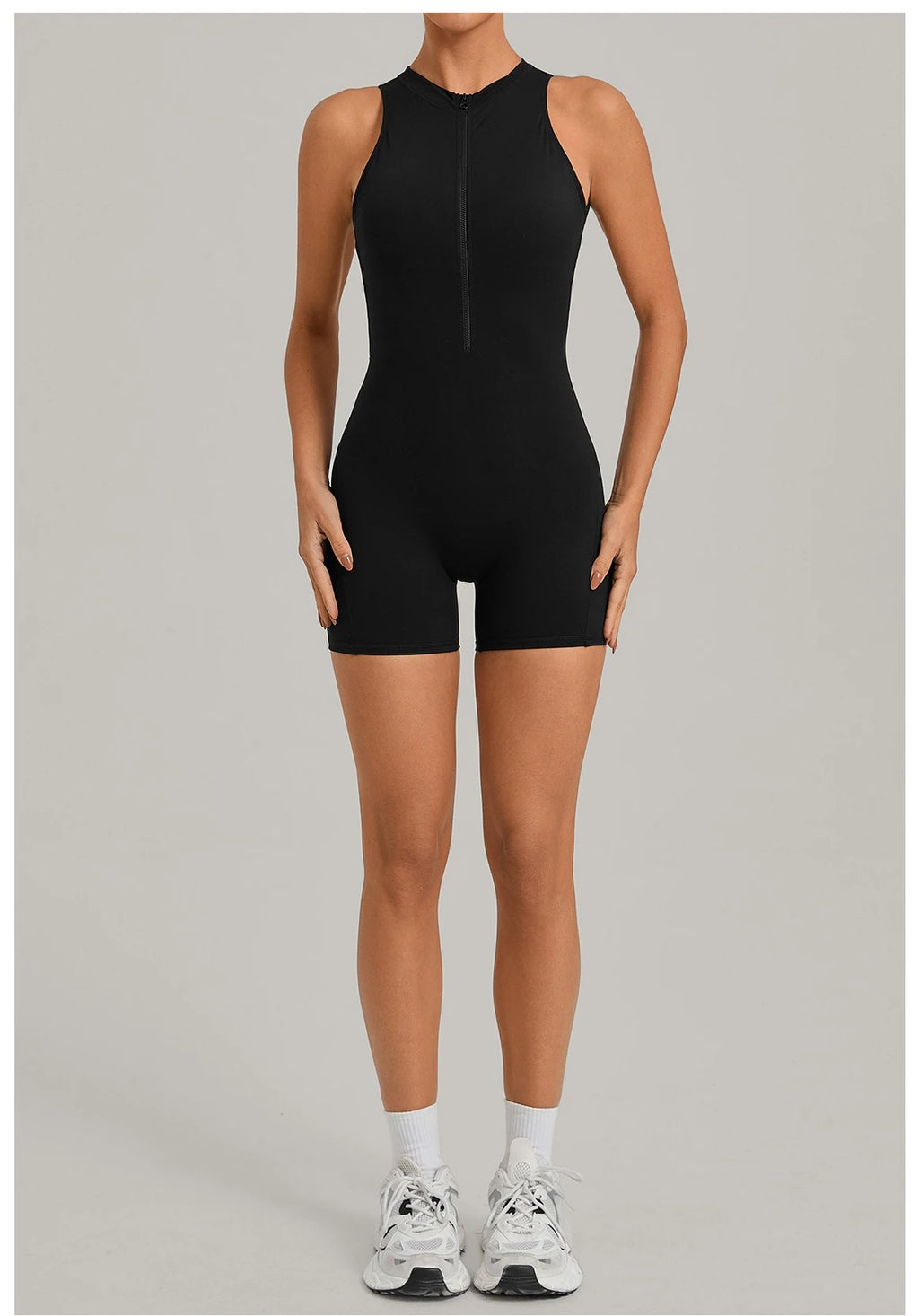 Sexy Hollow Backless Unitard Gym Women Romper Sleeveless Zipper Scrunch Butt Short Jumpsuit for Fitness Sports Short Playsuit