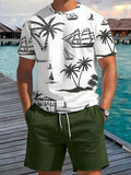 Men's Summer Fashion Casual Loose-Fit Set Plus Size Coconut Grove Print Crew Neck Short Sleeve Drawstring Shorts Two-Piece Set