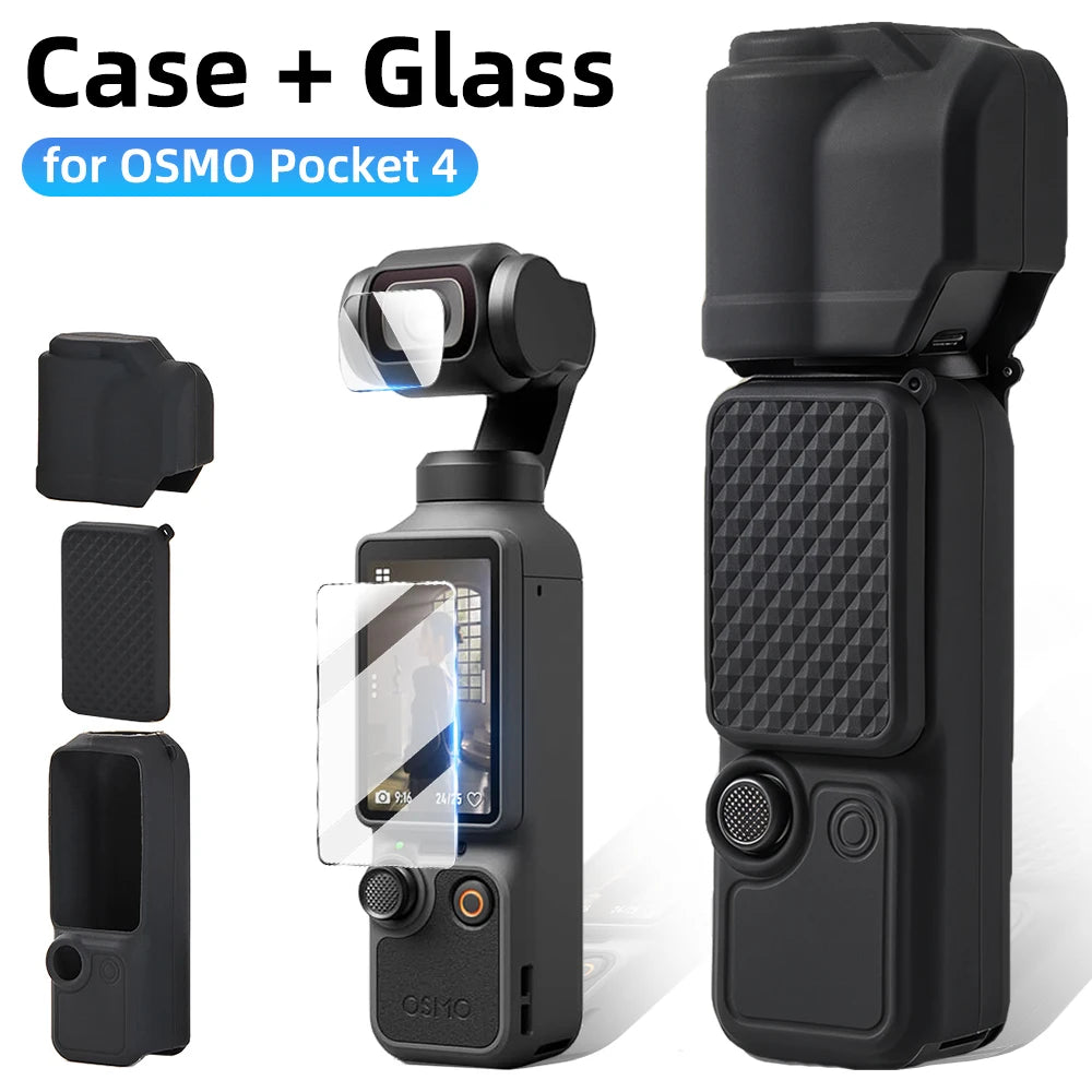 Case + Glass for DJI Osmo Pocket 4 Silicone Soft Protective Cover & Ultra-Clear Screen Protector Film for Pocket4 Accessories
