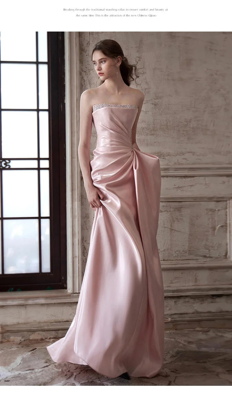 Pink Strapless French Evening Gown 2026 New High-end Annual Meeting Host Engagement Banquet Bride Toast Costume Customization