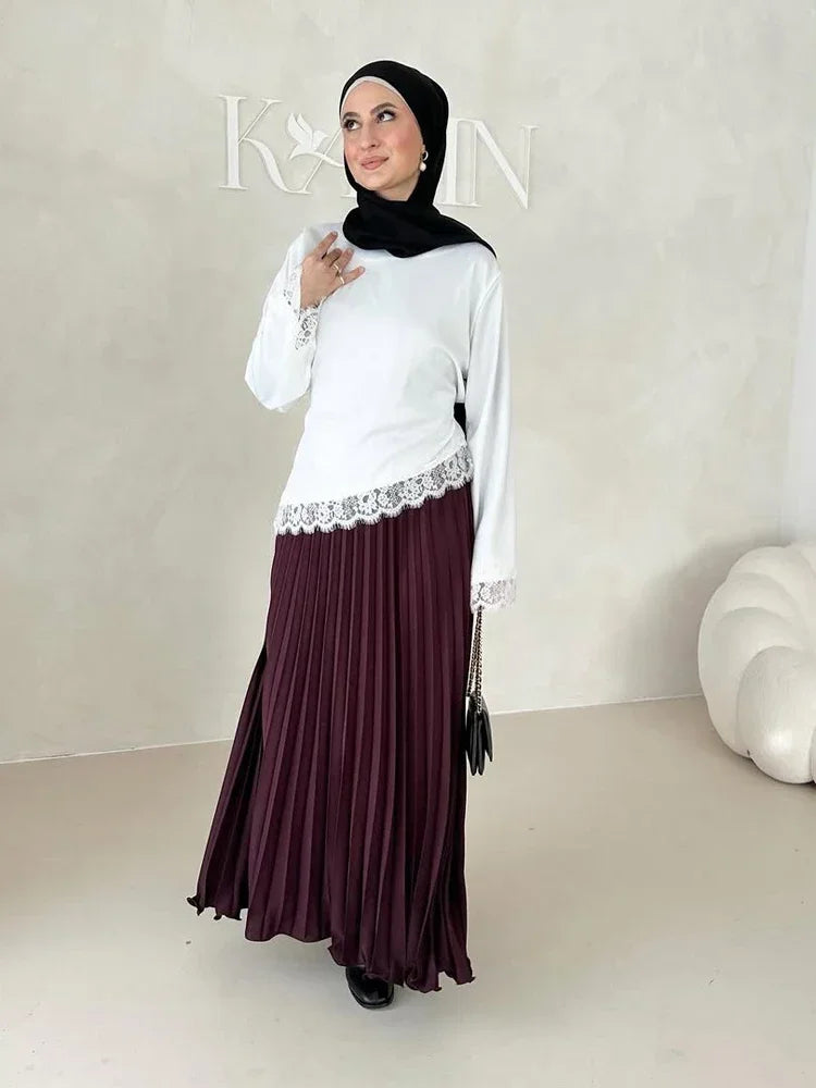 Elegant Satin Lace Patchwork Top Women Casual O-neck Loose Long Sleeves Strappy Female Shirt 2026 Spring Lady Fashion T-shirt