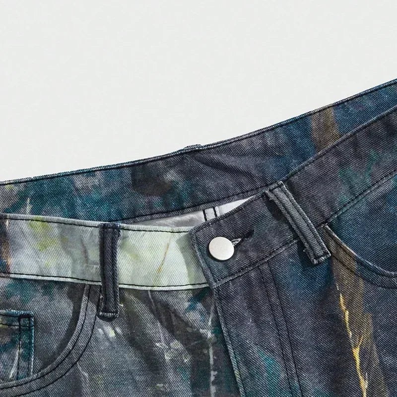 European and American Street Men's Fashionable 3D Digital Pattern Printed, Ink-splashed and Tie-dyed Straight-leg Jeans.