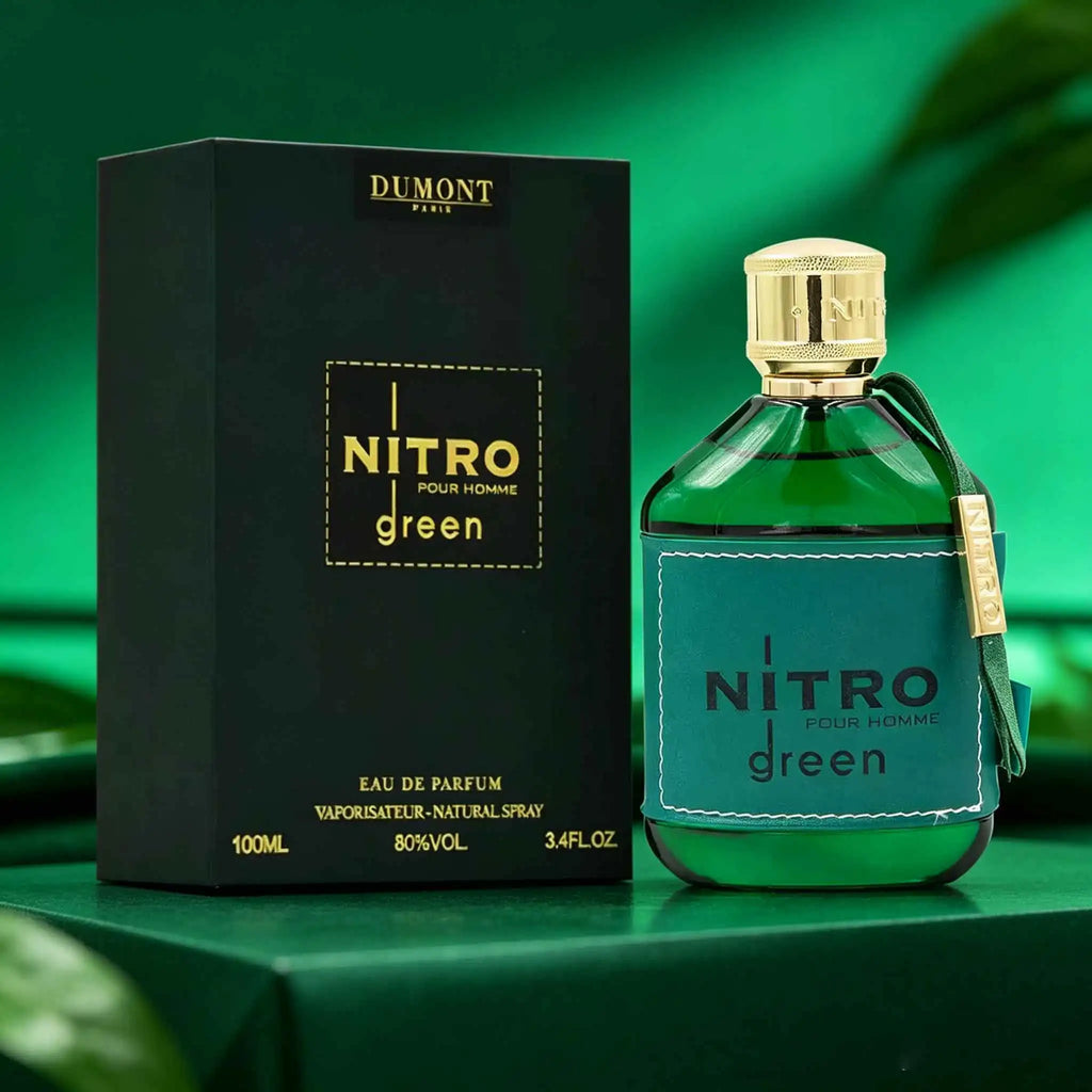 DUMONT NITRO GREEN men's perfume is a fresh wooden fragrance, with cedar, sandalwood and musk, calm and elegant, green and gold packaging, high class atmosphere, showing a gentleman's style.