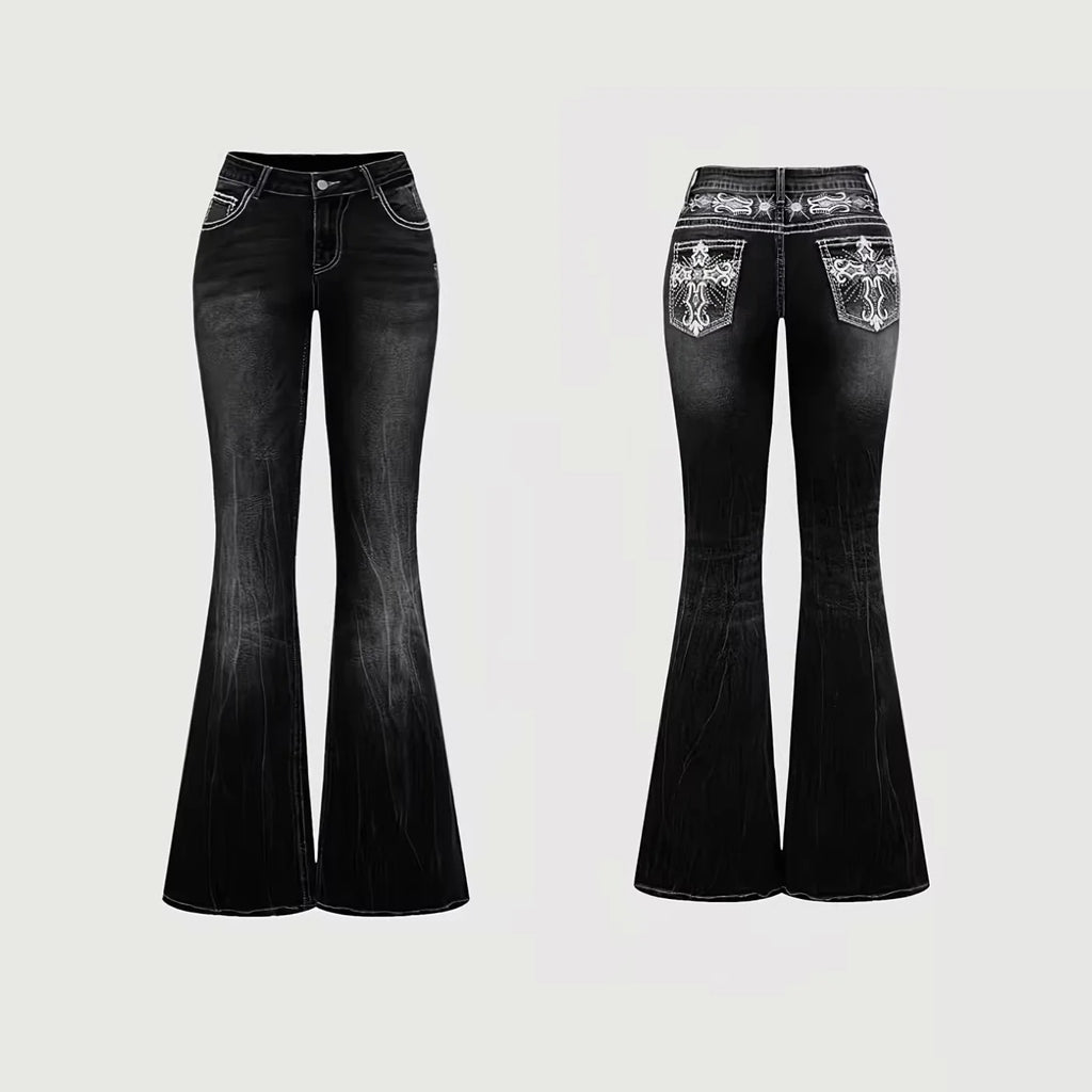 Denim Pant Women Bootcut Jeans Embroidery Vintage Washed Mid Waist Straight Trousers Slim Fit Y2k Streetwear Work Casual Summer