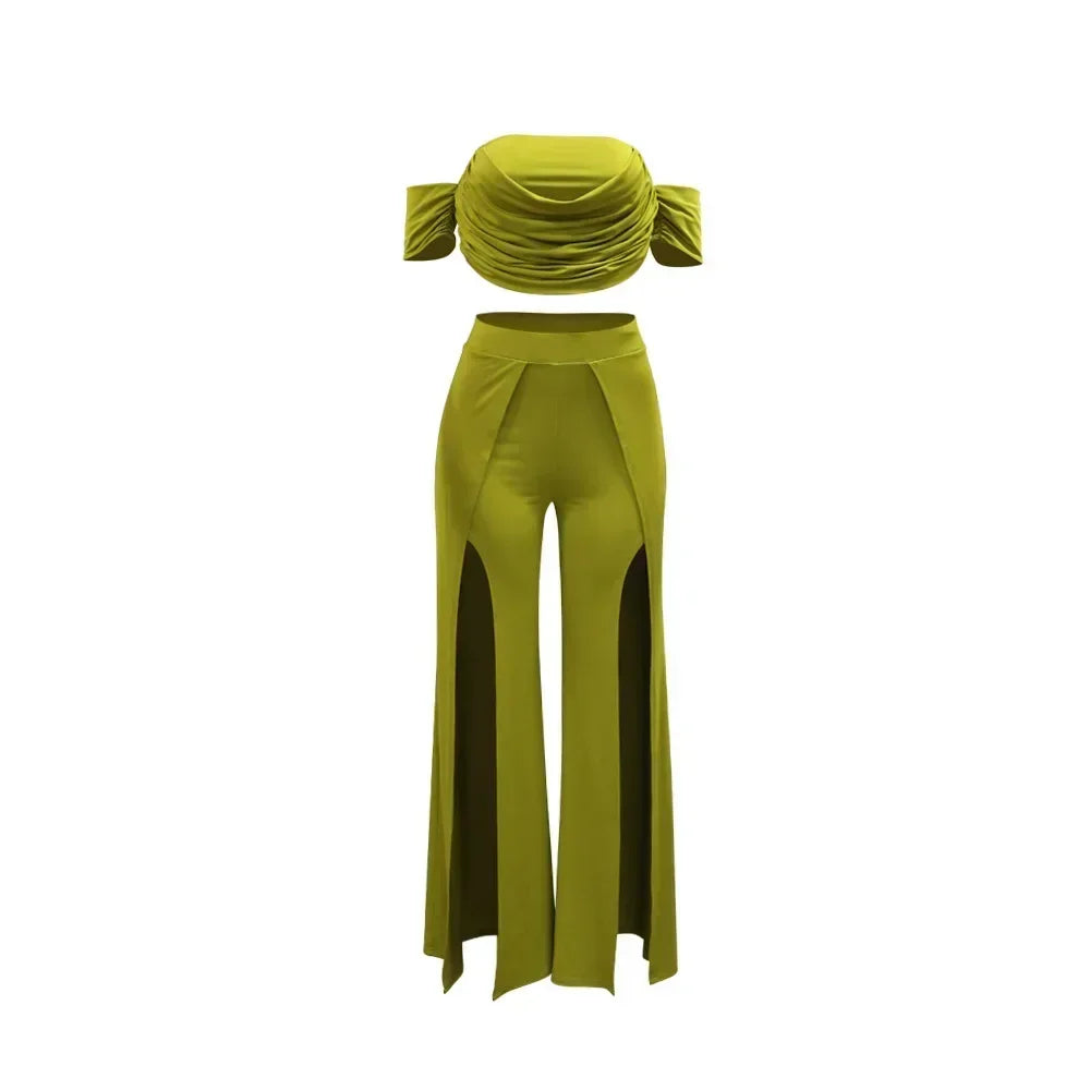 Women's Set Short Sleeve Slash Neck Ruched Tops and Wide Leg split Pants 2025 Street Two 2 Piece Sets Outfit Tracksuits