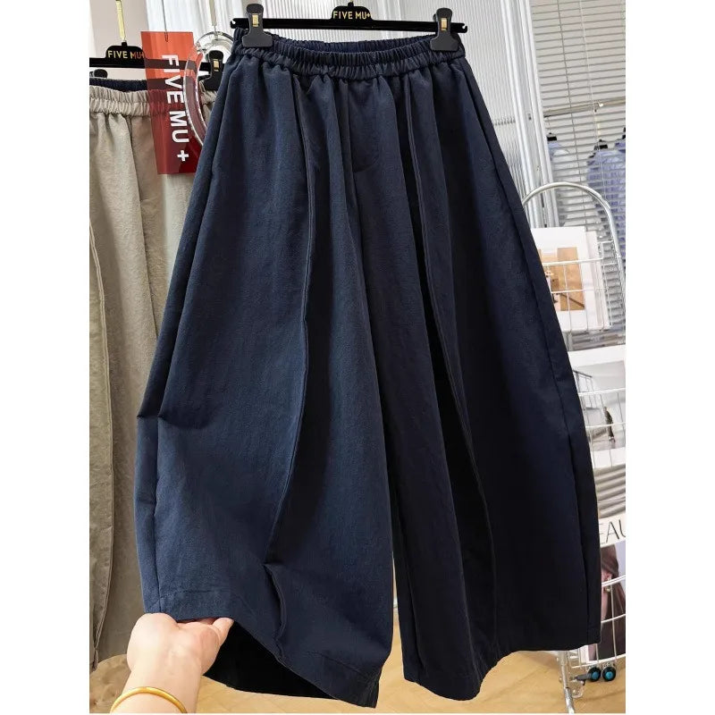 Women Elastic Waist Loose Wide Leg Cropped Casual Pants Lightweight Baggy Culottes