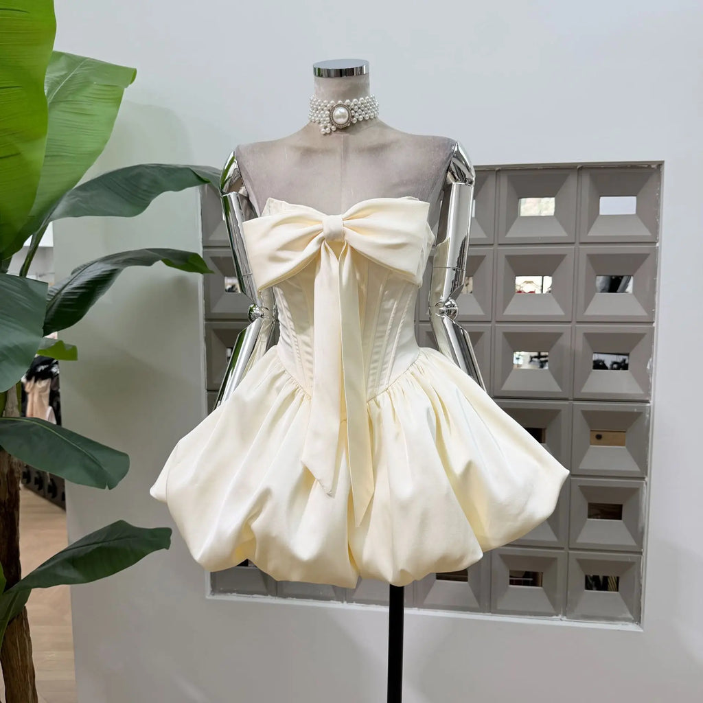 Women Sexy Strapless Bow Corset Mini Dress With Shorts Birthday Party Homecoming Prom Ball Elegant Ruffle A Line Evening Dresses