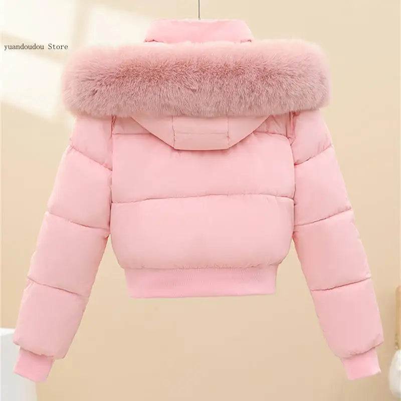 Windproof Warm Long Sleeve Jacket Fit Lady Down Coat Women Winter Cotton Coat Short Fur Collar Hooded Outerwear
