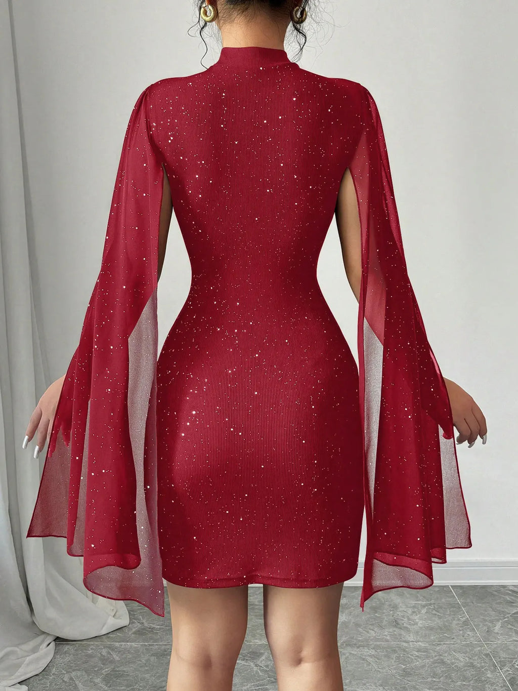 Sexy Women's Stand Collar Cape Mini Dress Sequins Sparkling Club Party Night Out Fitted Bodycon Elegant Autumn Winter