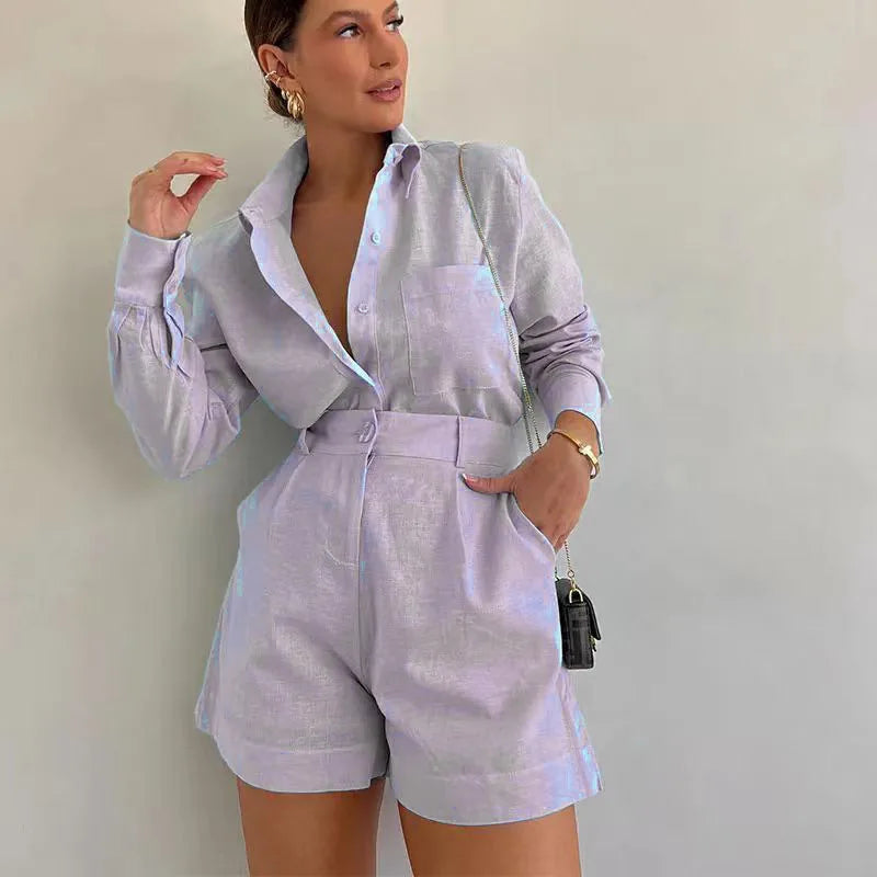 2026 New Women's Long Sleeve 2-Piece Set Casual Button Detail Shorts Outfit Shirt Top Summer Fashion Female Suit Y2k Clothing