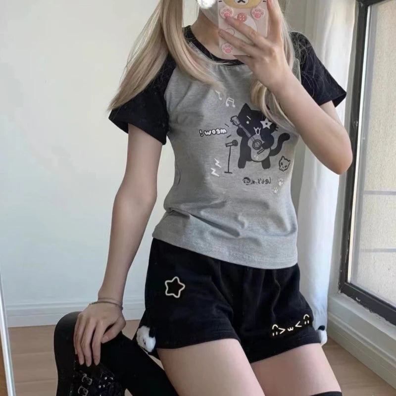 Cotton Shorts Women Print Cute Pantalones Cortos De Mujer 2025 New Bottoms Casual Fashion Elastic Waist Summer Wide Leg Pants