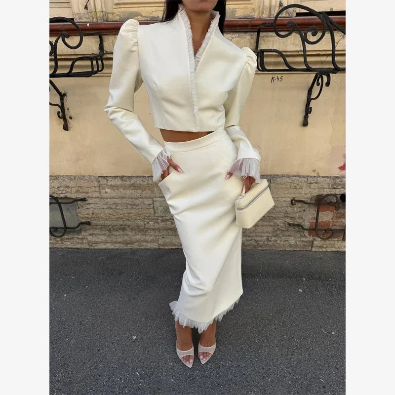 White Women's mesh two piece set Puff Sleeve V Neck blazer two piece dress set Daily Commuter Party  Outfit 2026 Summer Style