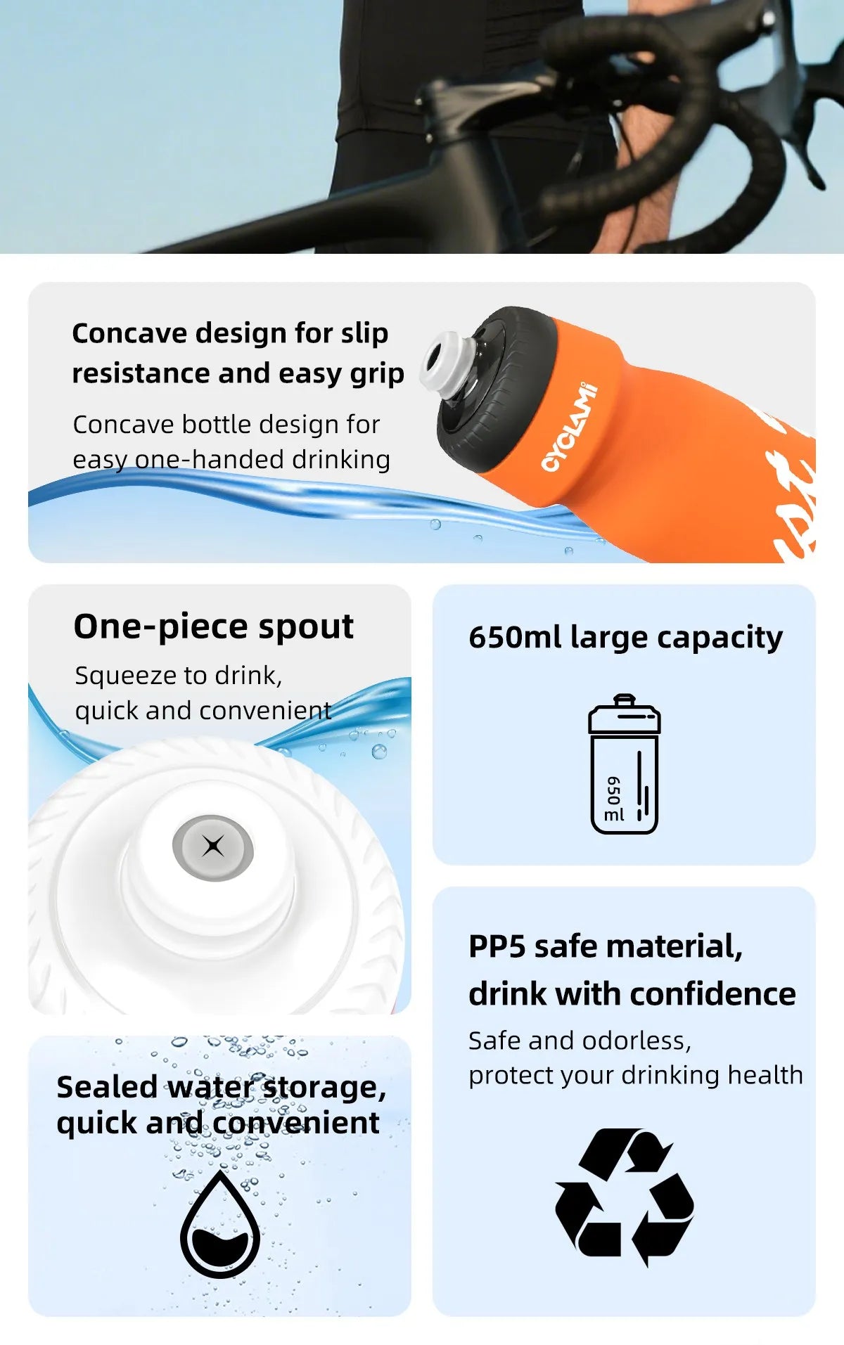 CYCLAMI Cycling Water Bottle 650ml Ultra Light Leak-proof Squeezable Camping Hiking Sports Bicycle Kettle Rapha 750ml Kettle
